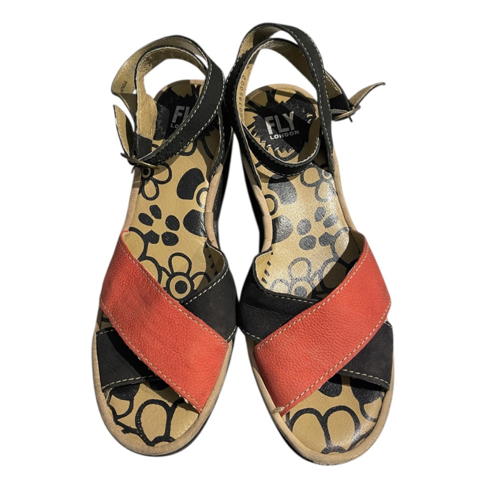 Fly London Women's Black and Red Suede Sandals